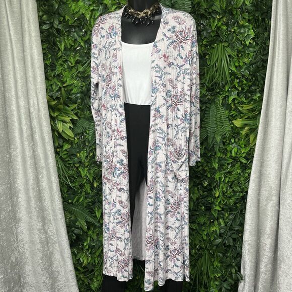 LuLaRoe Sweaters - LULAROE Medium Gray Duster Cardigan Floral Long Knit Sweater Front Pockets 1721